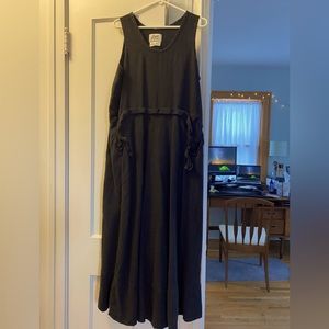 FLAX Long Black Linen Dress with side ties